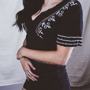 Thrifted black and white embroidered blouse